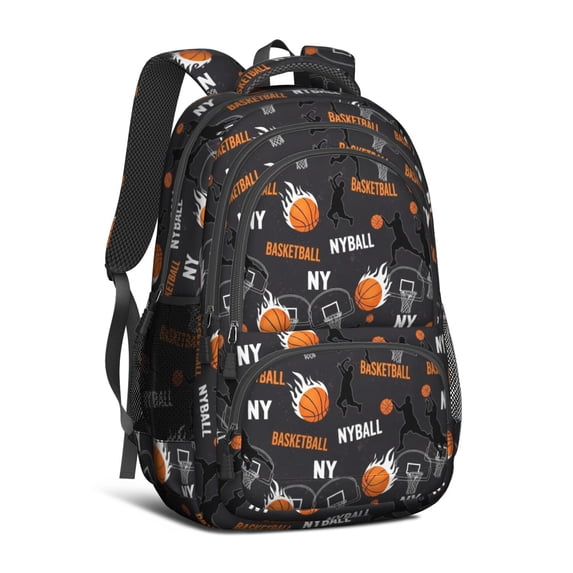 Basketball and Flame Gray Pattern Cute School Backpack Bag with Padded Back and Adjustable Shoulder Straps 16.9 X 12.6 X 5.9 Inches
