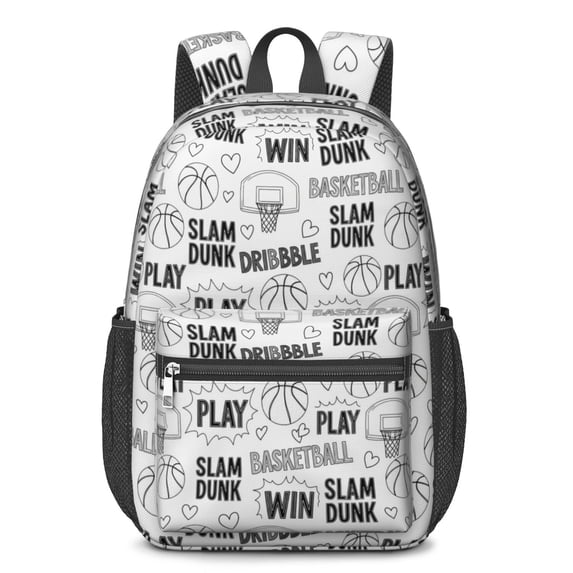 Basketball and Heart White Pattern 17" Waterproof Oxford School Backpacks for Teens, S-Shape Padded Straps, for School, Travel, Hiking, Camping