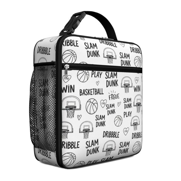 Basketball and Heart White Pattern Insulated Lunch Bag Teens,Lunch Box for Men Women for Work,Picnic or Travel,10.2x9.5x4.3 Inches,8 Can Capacity