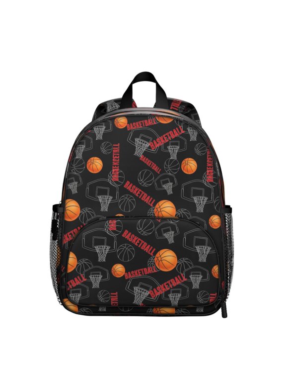 Basketball and Hoop Black Pattern Backpack for School, Cute School Bag with Adjustable Shoulder Straps and Padded Back, 13.8"x11.4"x6"