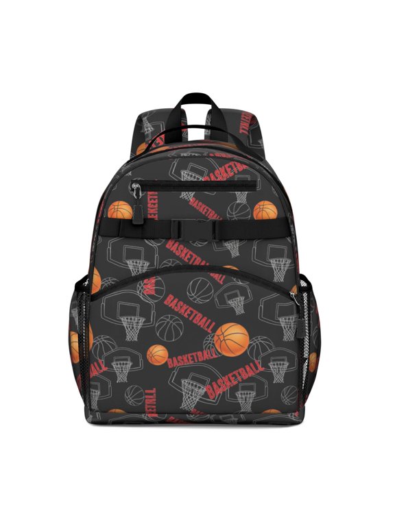 Basketball and Hoop Black Pattern Backpack for School, Cute School Bag with Adjustable Shoulder Straps and Padded Back, 15.25"x11.5"x5.25"