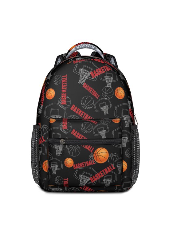 Basketball and Hoop Black Pattern Backpack for School, Cute School Bag with Adjustable Shoulder Straps and Padded Back, 15.3"x11"x6.7"