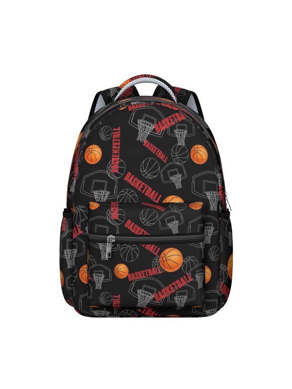 Basketball and Hoop Black Pattern Backpack for School, Cute School Bag with Adjustable Shoulder Straps and Padded Back, 15.3"x11"x7.1"