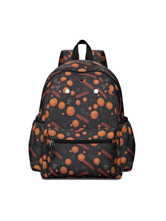 Basketball and Hoop Black Pattern Cute School Backpack with Padded Back and Adjustable Shoulder Straps 13.4"x11"x4.7"