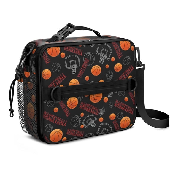 Basketball and Hoop Black Pattern Insulated Lunch Bag with Shoulder Strap and Bottle Holder,Bento School Lunch Bag Box,11x9.5x3.5 Inches