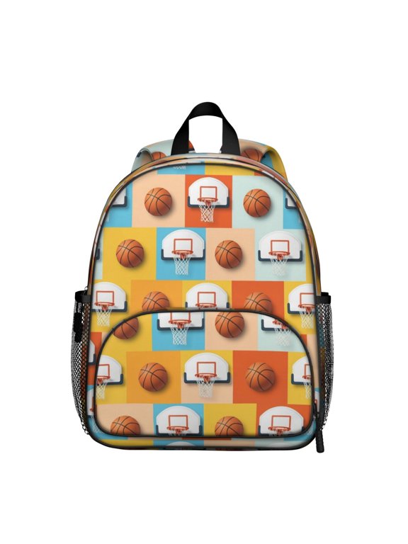 Basketball and Hoop Multicolor Pattern Backpack for School, Cute School Bag with Adjustable Shoulder Straps and Padded Back, 13.8"x11.4"x6"