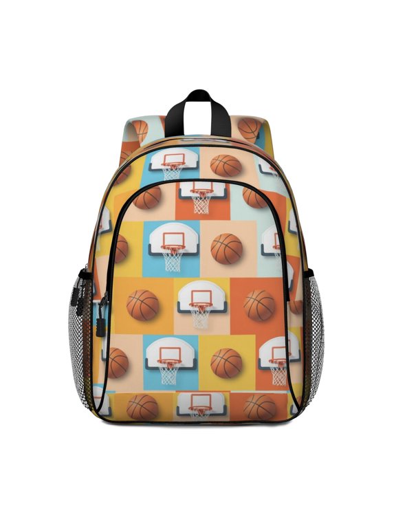 Basketball and Hoop Multicolor Pattern Backpack for School, Cute School Bag with Adjustable Shoulder Straps and Padded Back, 15"x11.42"x5.5"