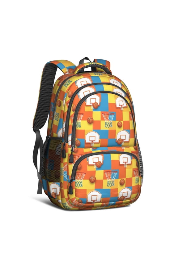 Basketball and Hoop Multicolor Pattern Cute School Backpack Bag with Padded Back and Adjustable Shoulder Straps 16.9 X 12.6 X 5.9 Inches