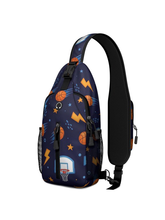 Basketball and Hoop Navy Pattern Sling Backpack, Casual Day Sling Pack with Earphone Port, Adjustable Strap Gift Ideas for Hiking Cycling Walking