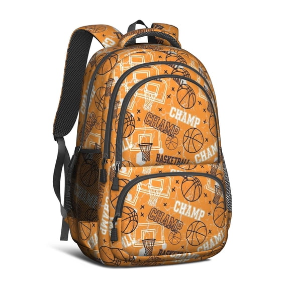 Basketball and Hoop Orange Pattern Backpack for School, Cute School Bag with Adjustable Shoulder Straps and Padded Back, 16.9"x12.6"x5.9"
