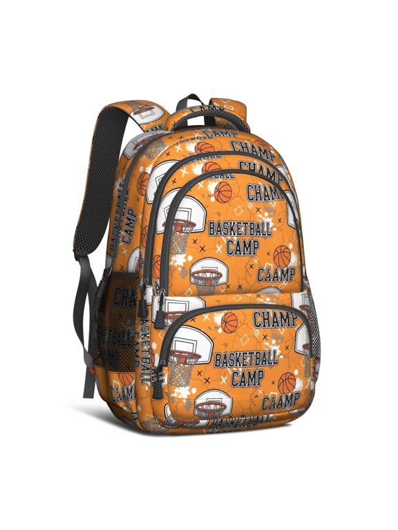 Basketball and Hoop Orange Pattern Backpack for School, Cute School Bag with Adjustable Shoulder Straps and Padded Back, 16.9"x12.6"x5.9"