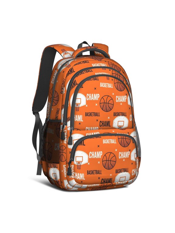 Basketball and Hoop Orange Pattern Cute School Backpack Bag with Padded Back and Adjustable Shoulder Straps 16.9 X 12.6 X 5.9 Inches