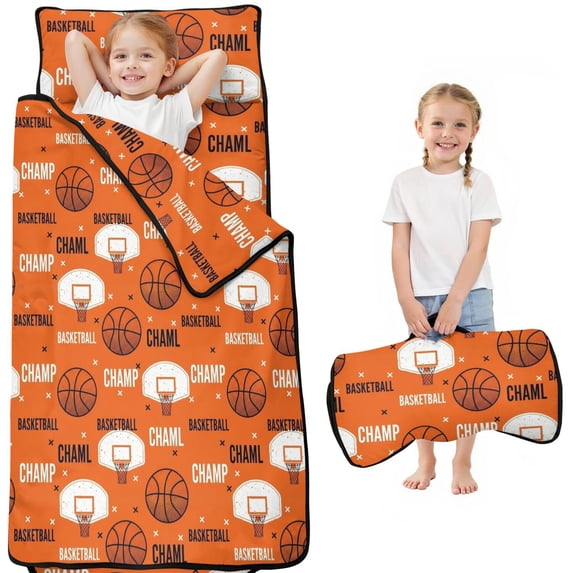 Basketball and Hoop Orange Pattern Teens Toddler Nap Mat with Pillow, Sleeping Mat Bag for Preschool Daycare 51"x22"
