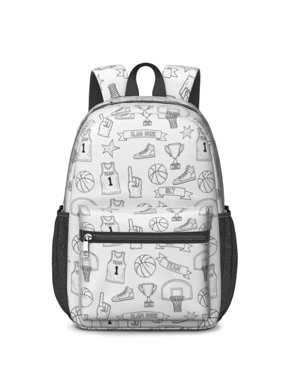Basketball and Hoop White Pattern 17" Waterproof Oxford School Backpacks for Teens, S-Shape Padded Straps, for School, Travel, Hiking, Camping