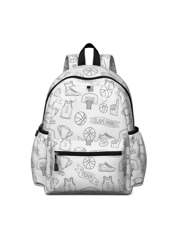 Basketball and Hoop White Pattern Backpack for School, Cute School Bag with Adjustable Shoulder Straps and Padded Back, 13.4"x11"x4.7"