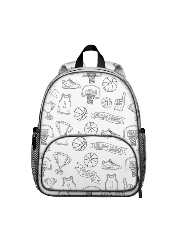 Basketball and Hoop White Pattern Backpack for School, Cute School Bag with Adjustable Shoulder Straps and Padded Back, 13.8"x11.4"x6"