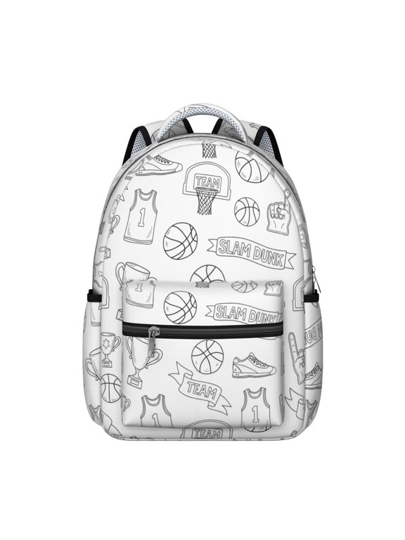 Basketball and Hoop White Pattern Backpack for School, Cute School Bag with Adjustable Shoulder Straps and Padded Back, 15.3"x11"x7.1"