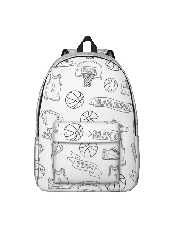 Basketball and Hoop White Pattern Backpack for School, Cute School Bag with Adjustable Shoulder Straps and Padded Back, 15.7"x11.8"x5.5"