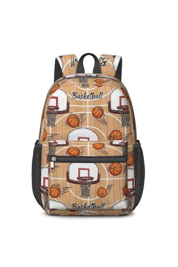 Basketball and Hoop Wooden Pattern 17" School Backpacks for Teens,Waterproof Oxford Fabric,S-Shape Padded Straps for School,Travel,Hiking,Camping