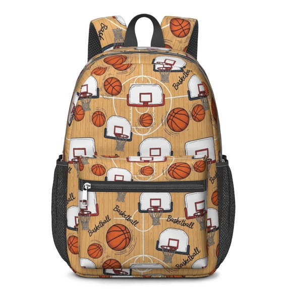 Basketball and Hoop Wooden Pattern 17" Waterproof Oxford School Backpacks for Teens, S-Shape Padded Straps, for School, Travel, Hiking, Camping