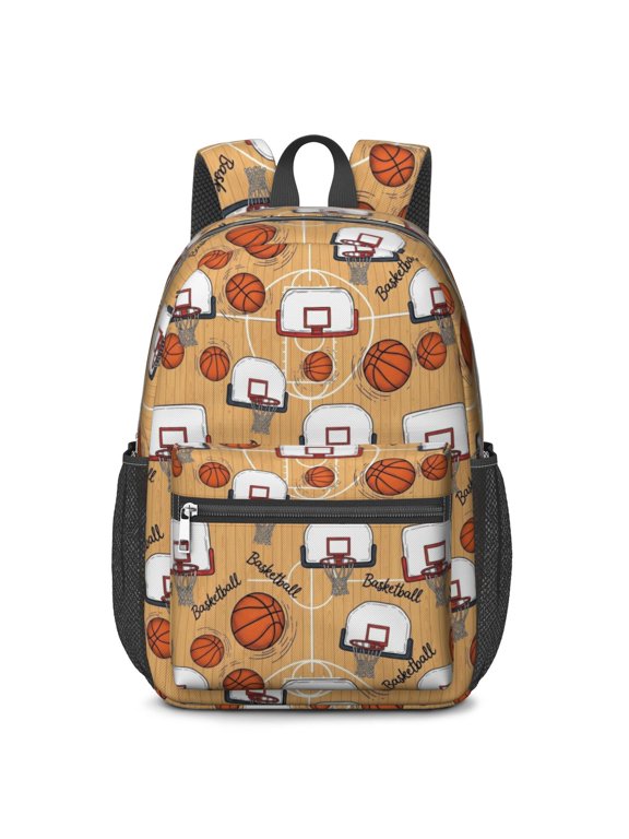Basketball and Hoop Wooden Pattern 17" Waterproof Oxford School Backpacks for Teens, S-Shape Padded Straps, for School, Travel, Hiking, Camping