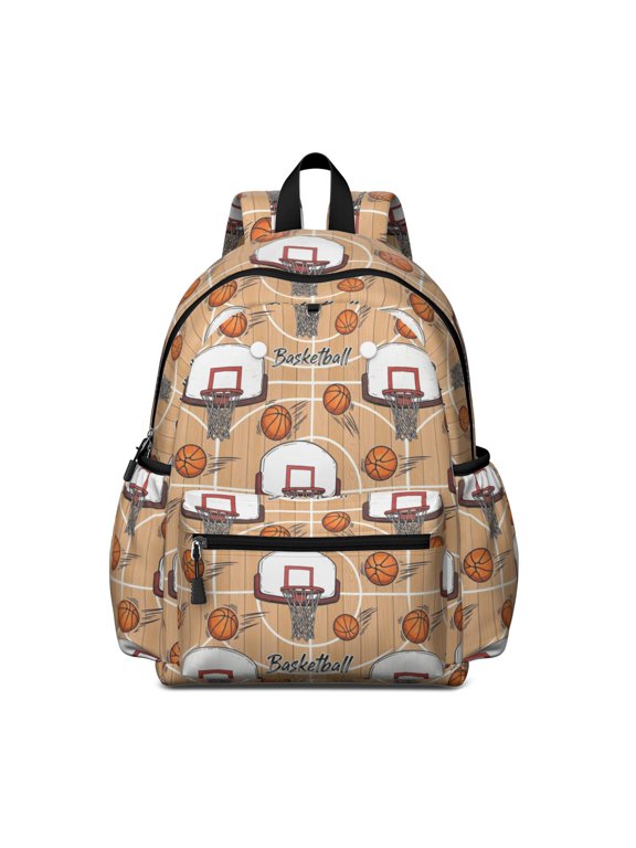 Basketball and Hoop Wooden Pattern Backpack for School, Cute School Bag with Adjustable Shoulder Straps and Padded Back, 13.4"x11"x4.7"