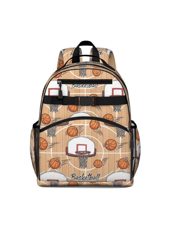 Basketball and Hoop Wooden Pattern Backpack for School, Cute School Bag with Adjustable Shoulder Straps and Padded Back, 15.25"x11.5"x5.25"