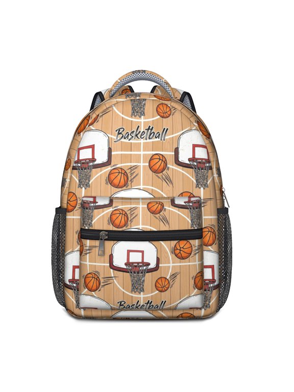Basketball and Hoop Wooden Pattern Backpack for School, Cute School Bag with Adjustable Shoulder Straps and Padded Back, 15.3"x11"x6.7"