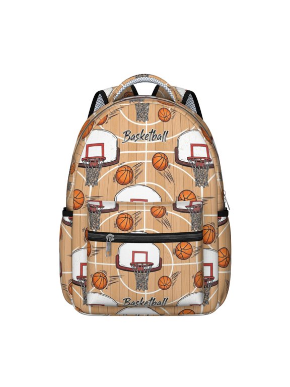 Basketball and Hoop Wooden Pattern Backpack for School, Cute School Bag with Adjustable Shoulder Straps and Padded Back, 15.3"x11"x7.1"