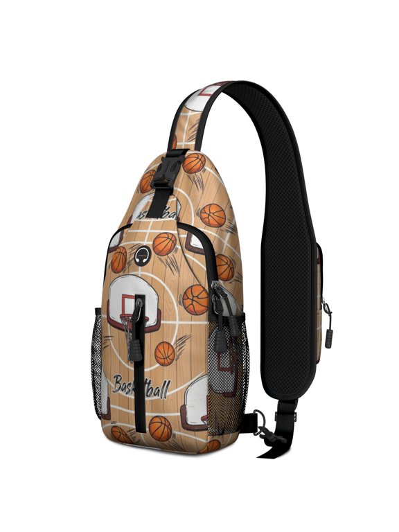 Basketball and Hoop Wooden Pattern Sling Backpack, Travel Shoulder Pack with Earphone Port, Multi Pocket Design Gift Ideas for Holiday Birthday Gifts