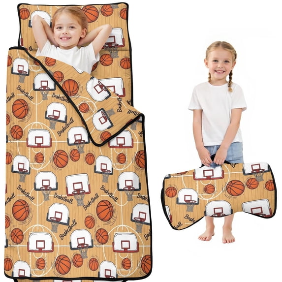 Basketball and Hoop Wooden Pattern Teens Toddler Nap Mat with Pillow, Sleeping Mat Bag for Preschool Daycare 51"x22"
