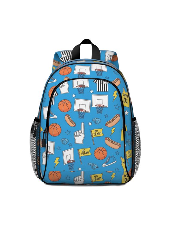 Basketball and Hotdog Blue Pattern Backpack for School, Cute School Bag with Adjustable Shoulder Straps and Padded Back, 15"x11.42"x5.5"