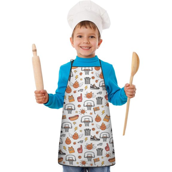 Basketball and Hotdog White Pattern Teens Aprons, Adjustable Neck Strap, Toddler & Teens Aprons for Cooking & Baking, 19x23.6 Inches
