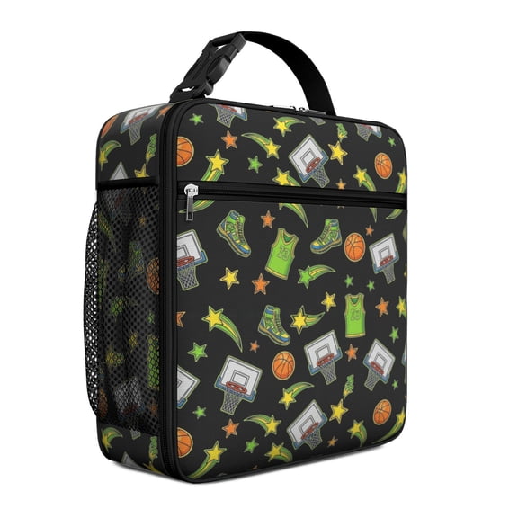 Basketball and Jersey Black Pattern Insulated Lunch Bag Teens,Lunch Box for Men Women for Work,Picnic or Travel,10.2x9.5x4.3 Inches,8 Can Capacity