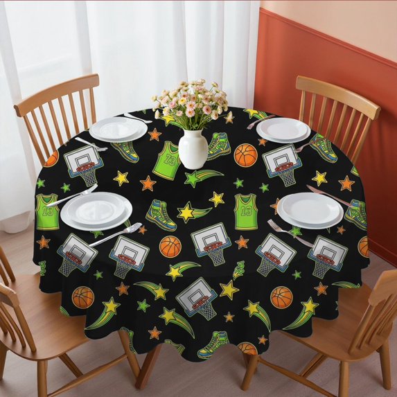 Basketball and Jersey Black Pattern Round Tablecloth 70"x70", Wrinkle Resistant Wipeable Table Cover for Kitchen Dining Room Picnic Patio and Party