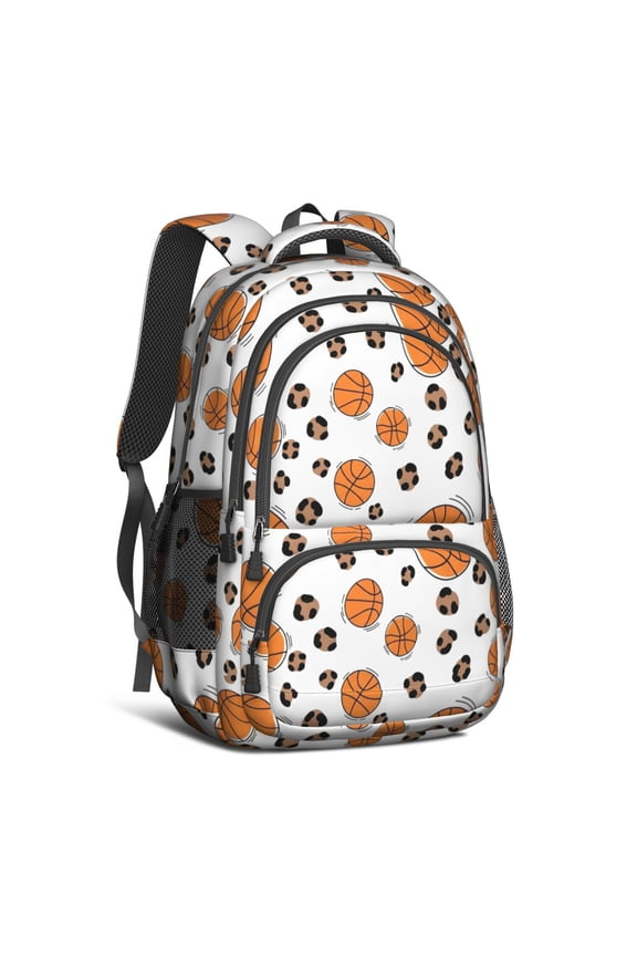 Basketball and Leopard White Pattern Backpack for School, Cute School Bag with Adjustable Shoulder Straps and Padded Back, 16.9"x12.6"x5.9"