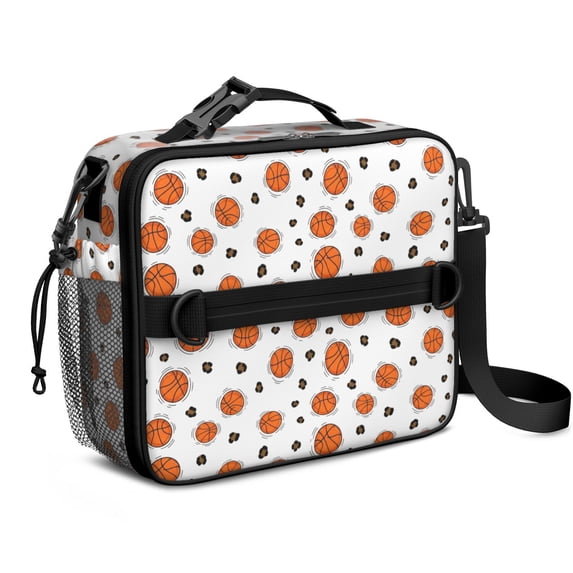 Basketball and Leopard White Pattern Bento School Insulated Lunch Bag Box with Shoulder Strap and Bottle Holder, 11" X 9.5" X 3.5"