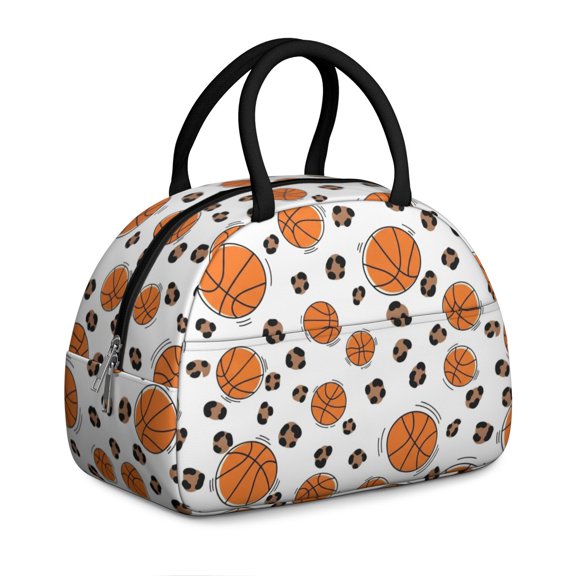 Basketball and Leopard White Pattern Insulated Lunch Bag,Leakproof Large Capacity Lunch Box for Work,Picnic or Travel,11.4 X 6.7 X 8.3 Inches