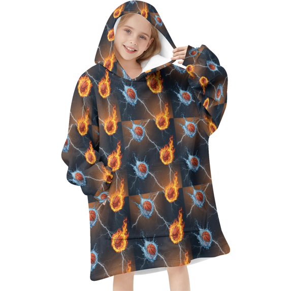 Basketball and Lightning Black Pattern Flannel Blanket Hoodies for Teens ,Teens Oversize Sherpa Wearable Hooded Blanket Sweatshirt with Super Pockets