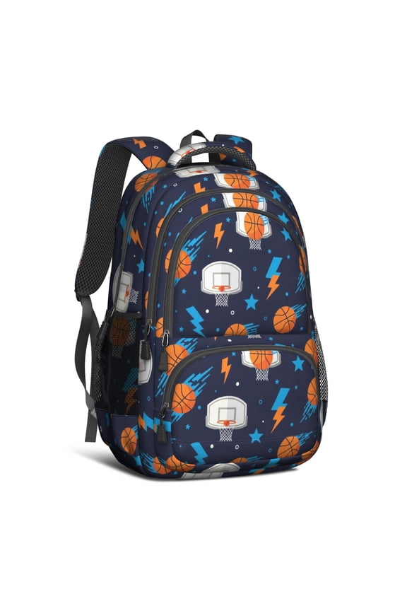 Basketball and Lightning Navy Pattern Cute School Backpack Bag with Padded Back and Adjustable Shoulder Straps 16.9 X 12.6 X 5.9 Inches
