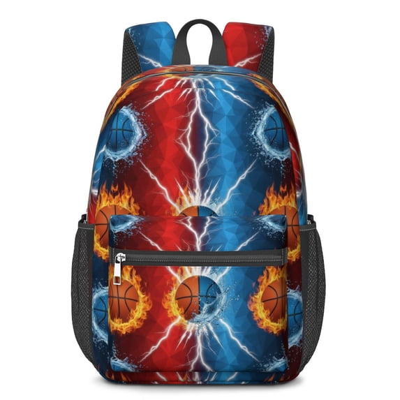 Basketball and Lightning Red Pattern 17" Waterproof Oxford School Backpacks for Teens, S-Shape Padded Straps, for School, Travel, Hiking, Camping