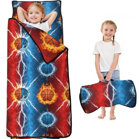 Basketball and Lightning Red Pattern Teens Toddler Nap Mat with Pillow, Sleeping Mat Bag for Preschool Daycare 60"x20"
