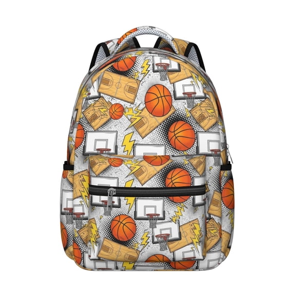 Basketball and Lightning White Pattern Backpack for School, Cute School Bag with Adjustable Shoulder Straps and Padded Back, 15.3"x11"x7.1"