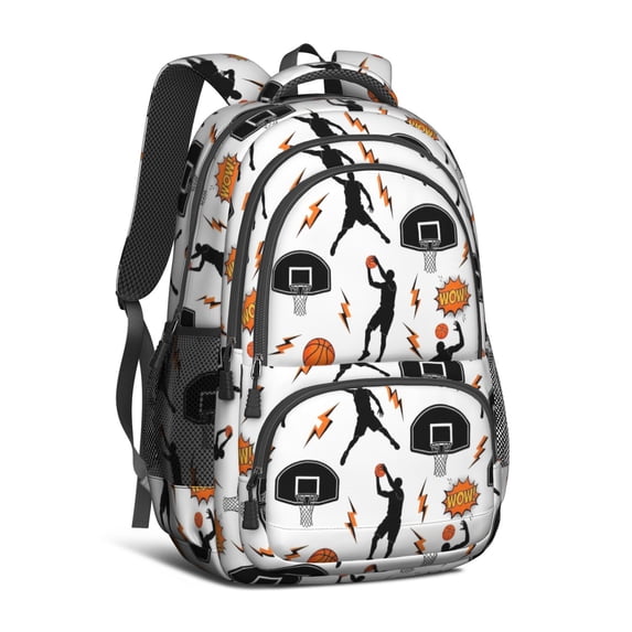 Basketball and Lightning White Pattern Cute School Backpack Bag with Padded Back and Adjustable Shoulder Straps 16.9 X 12.6 X 5.9 Inches
