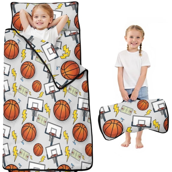 Basketball and Lightning White Pattern Teens Toddler Nap Mat with Pillow, Sleeping Mat Bag for Preschool Daycare 51"x22"