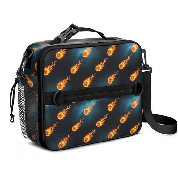 Basketball and Meteor Teal Pattern Bento School Insulated Lunch Bag Box with Shoulder Strap and Bottle Holder, 11" X 9.5" X 3.5"