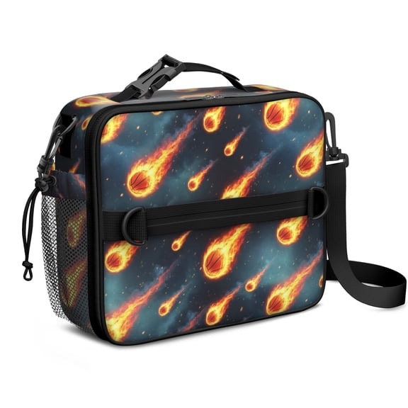 Basketball and Meteor Teal Pattern Insulated Lunch Bag with Shoulder Strap and Bottle Holder,Bento School Lunch Bag Box,11x9.5x3.5 Inches