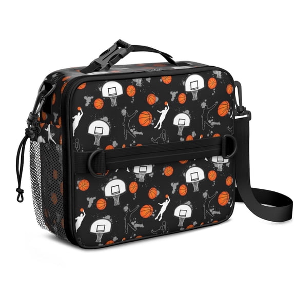 Basketball and Silhouette Black Pattern Bento School Insulated Lunch Bag Box with Shoulder Strap and Bottle Holder, 11" X 9.5" X 3.5"
