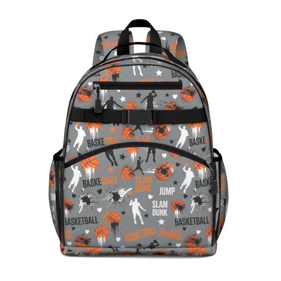 Basketball and Silhouette Gray Pattern Cute School Backpack Bag for School with Padded Back and Adjustable Shoulder Straps 15.25"x11.5"x5.25"