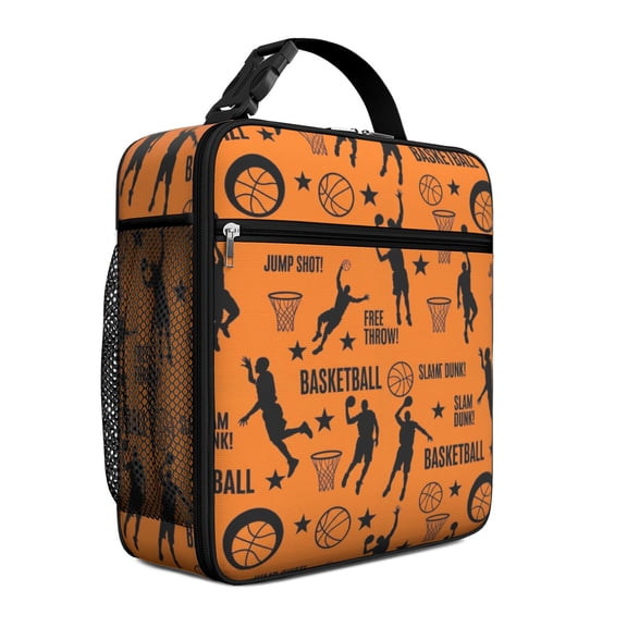 Basketball and Silhouette Orange Insulated Lunch Bag Teens,Lunch Box for Men Women for Work,Picnic or Travel,10.2x9.5x4.3 Inches,8 Can Capacity